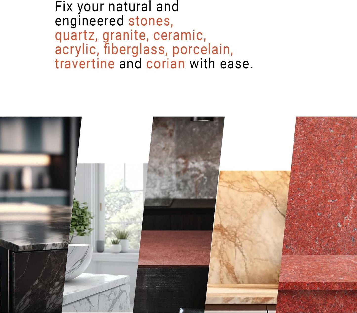 Uba Tuba & Red Stone Repair Kit (Red, Black & Clear Color) - Ideal as Granite Repair Kit I Works Great as Quartz Countertop Repair Kit I Also For Ceramic, Tile and Porcelain Repair Kit